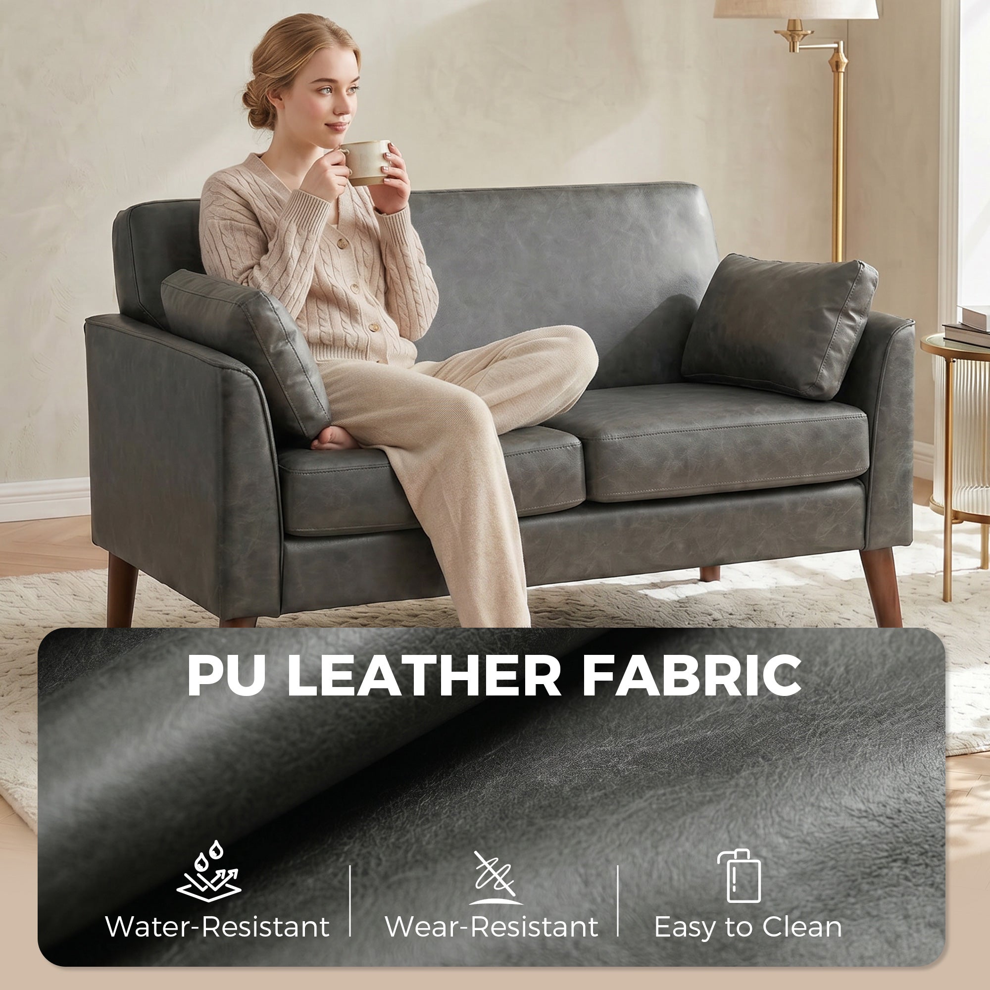 2 Seater Sofa, 132 cm Modern Small Sofa with Solid Wood Legs and 2 Pillows for Small Space, Grey