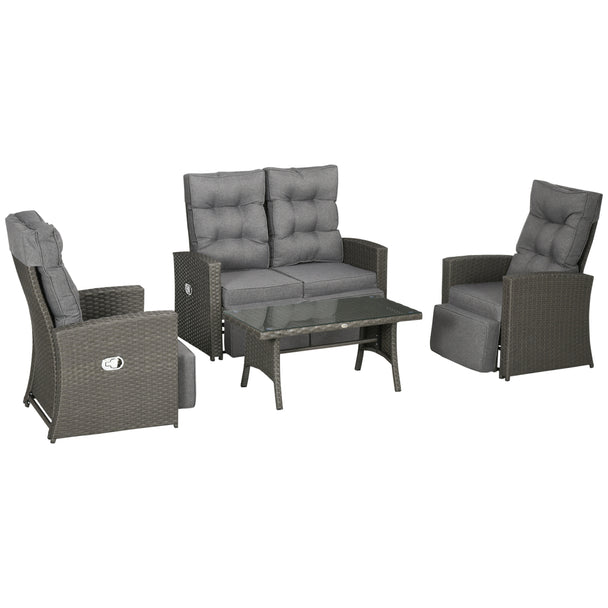 Grey 4-piece rattan sofa set with loveseat, two reclining armchairs and glass-top coffee table