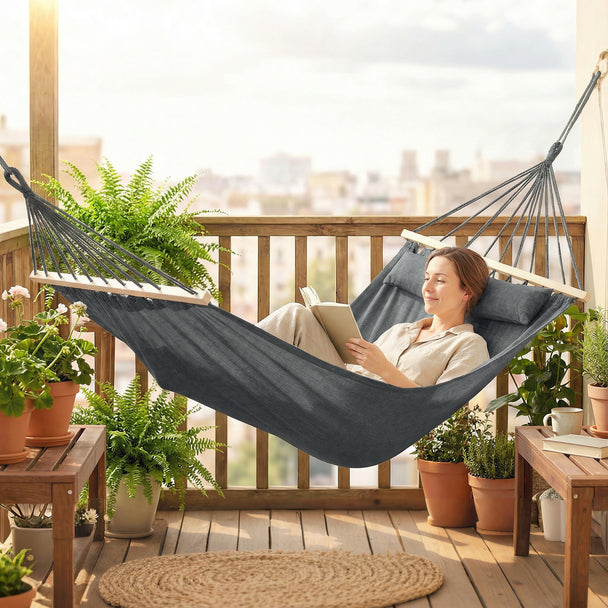 Outsunny Cotton Hammock, Soft Portable Swing Sleeping w/ Headrest & Side Pocket, Dark Grey – view 2