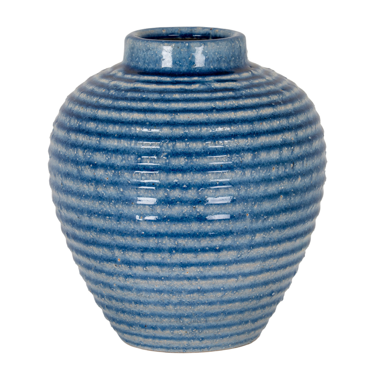 Azura medium blue ribbed ceramic vase, front view