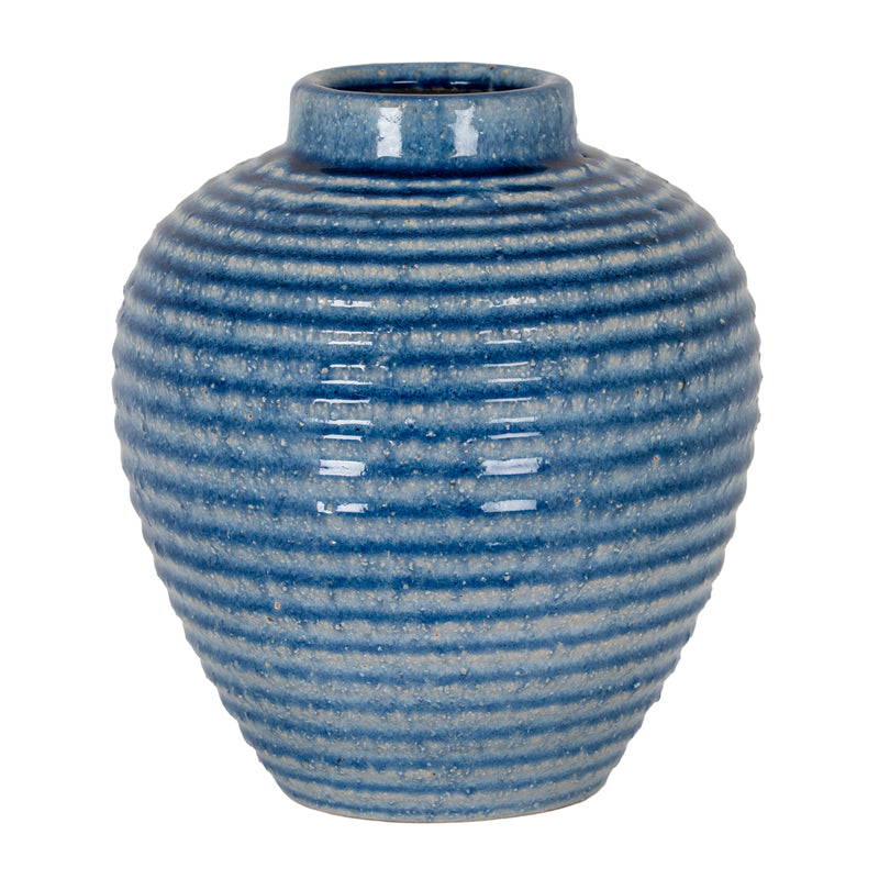Azura medium blue ribbed ceramic vase, front view