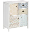 White shabby-chic storage cabinet with two drawers and three cupboards with retro patterned fronts