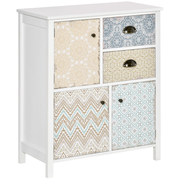 White shabby-chic storage cabinet with two drawers and three cupboards with retro patterned fronts