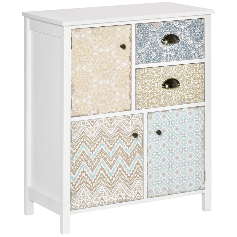 White shabby-chic storage cabinet with two drawers and three cupboards with retro patterned fronts