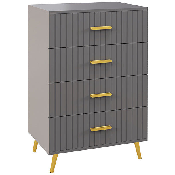 Dark grey 4-drawer chest with embossed line fronts, gold-tone handles and legs