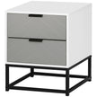 Grey and white bedside cabinet with two chevron-embossed drawers on a black metal base