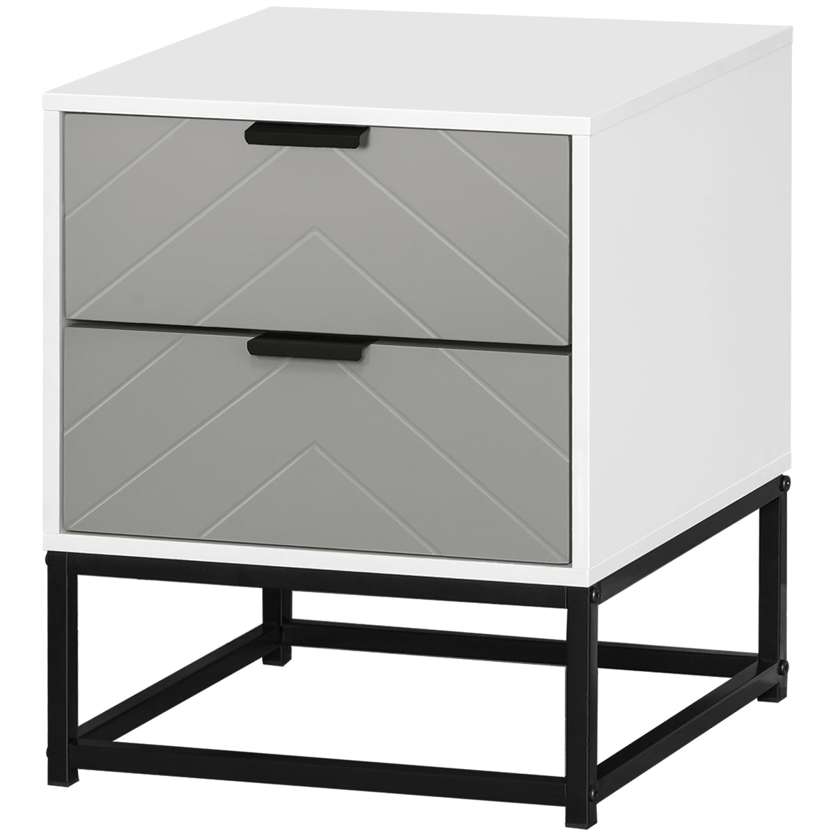 Grey and white bedside cabinet with two chevron-embossed drawers on a black metal base