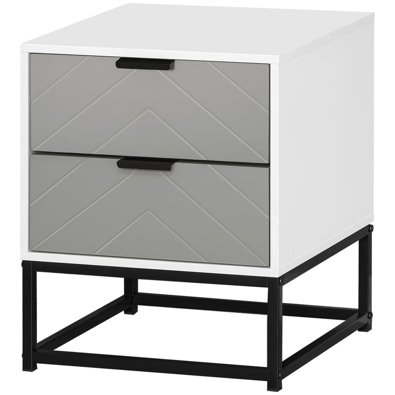 Grey and white bedside cabinet with two chevron-embossed drawers on a black metal base