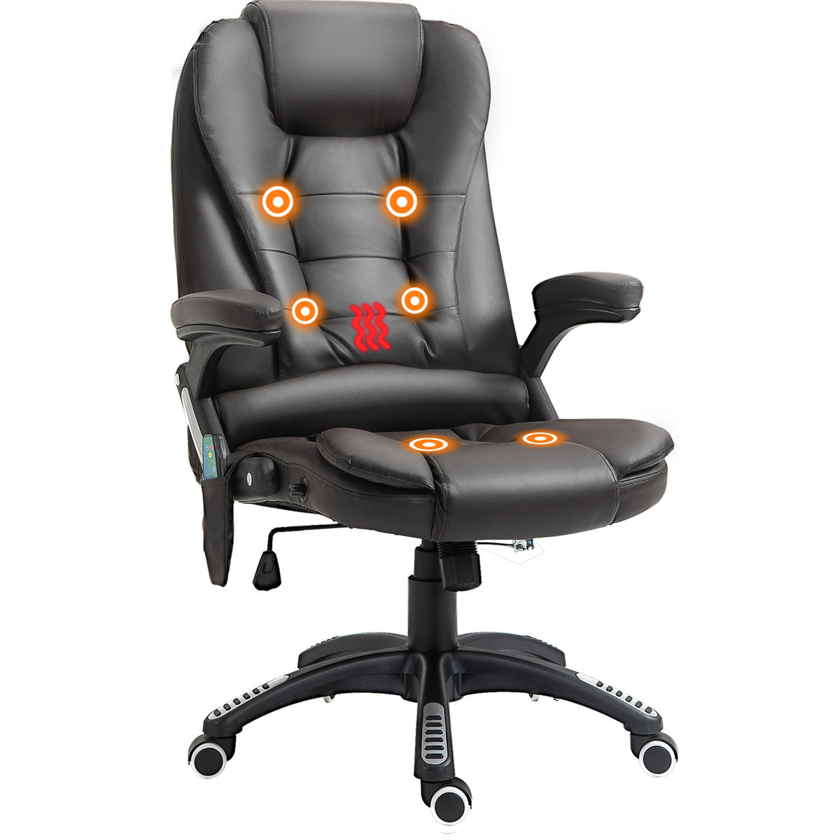 Brown faux leather high-back executive chair with six massage points, padded armrests and swivel wheels