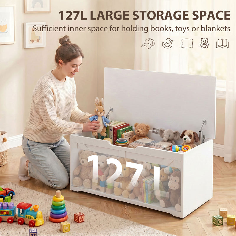 HOMCOM 127L Home Storage Box, with Safety Hinges - White Wood-Effect – view 4