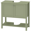 Green under-sink bathroom cabinet with two doors, open shelf and U-shaped pedestal cut-out