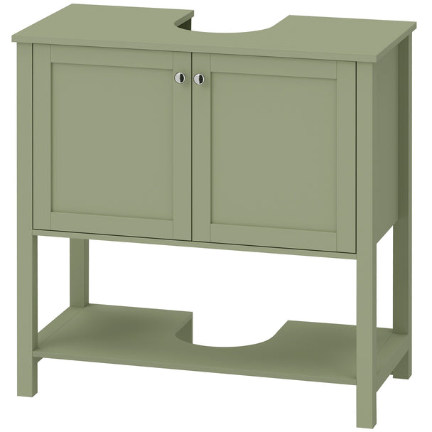 Green under-sink bathroom cabinet with two doors, open shelf and U-shaped pedestal cut-out
