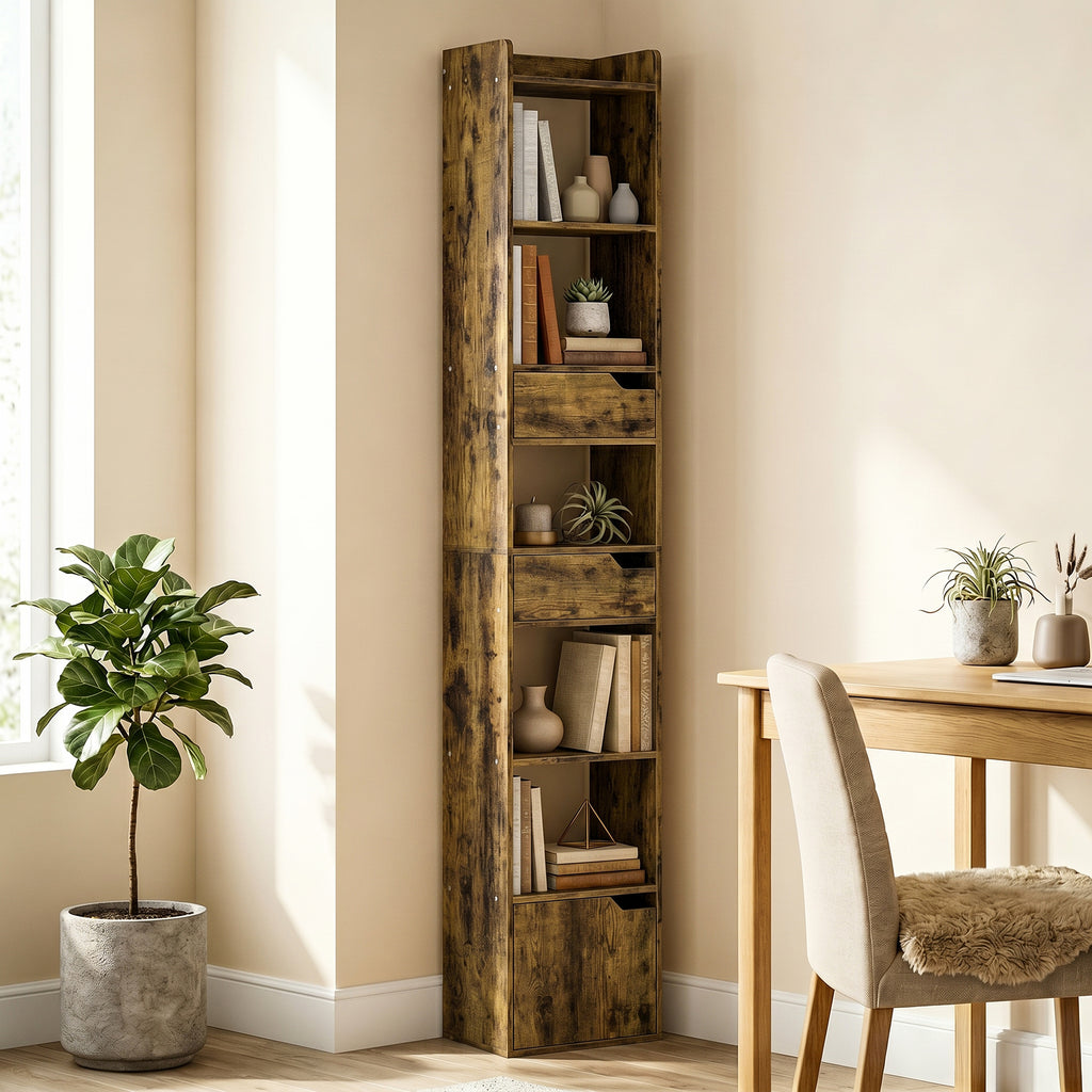 Bookcase Tall Narrow with 5 Tiers and Drawers Freestanding Bookshelf Storage Cabinet for Living Room Rustic Brown