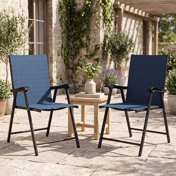 Outsunny Folding Garden Chairs Set of 2, Foldable Garden Dining Chairs with High Back, Armrests, Texteline Seat, Navy – view 2