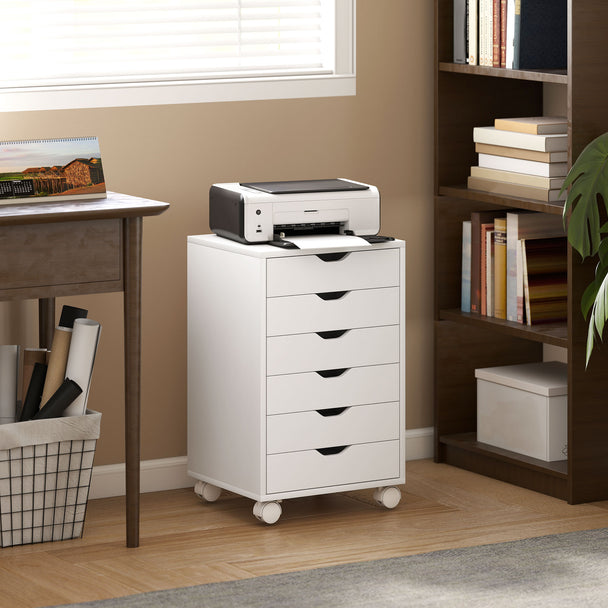HOMCOM 6 Drawer Vertical File Cabinet, Mobile Filing Cabinet with Quiet Drawers and Wheels with 2 Brakes, White – view 2