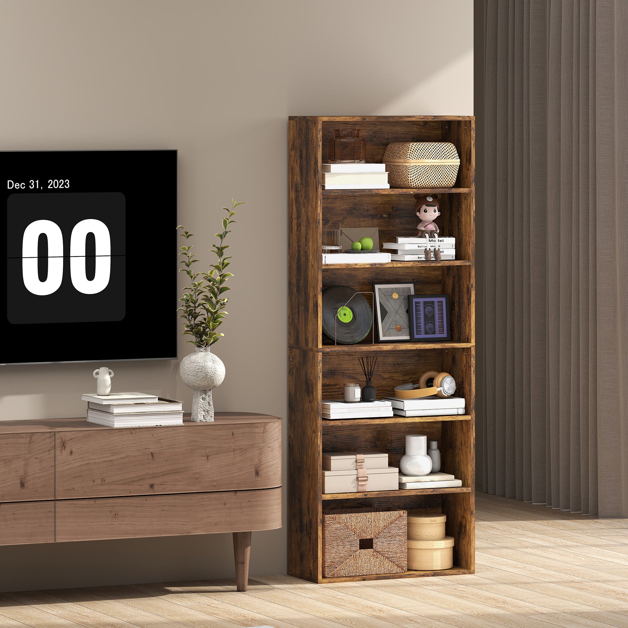 Six Shelf Bookcase - Rustic Brown