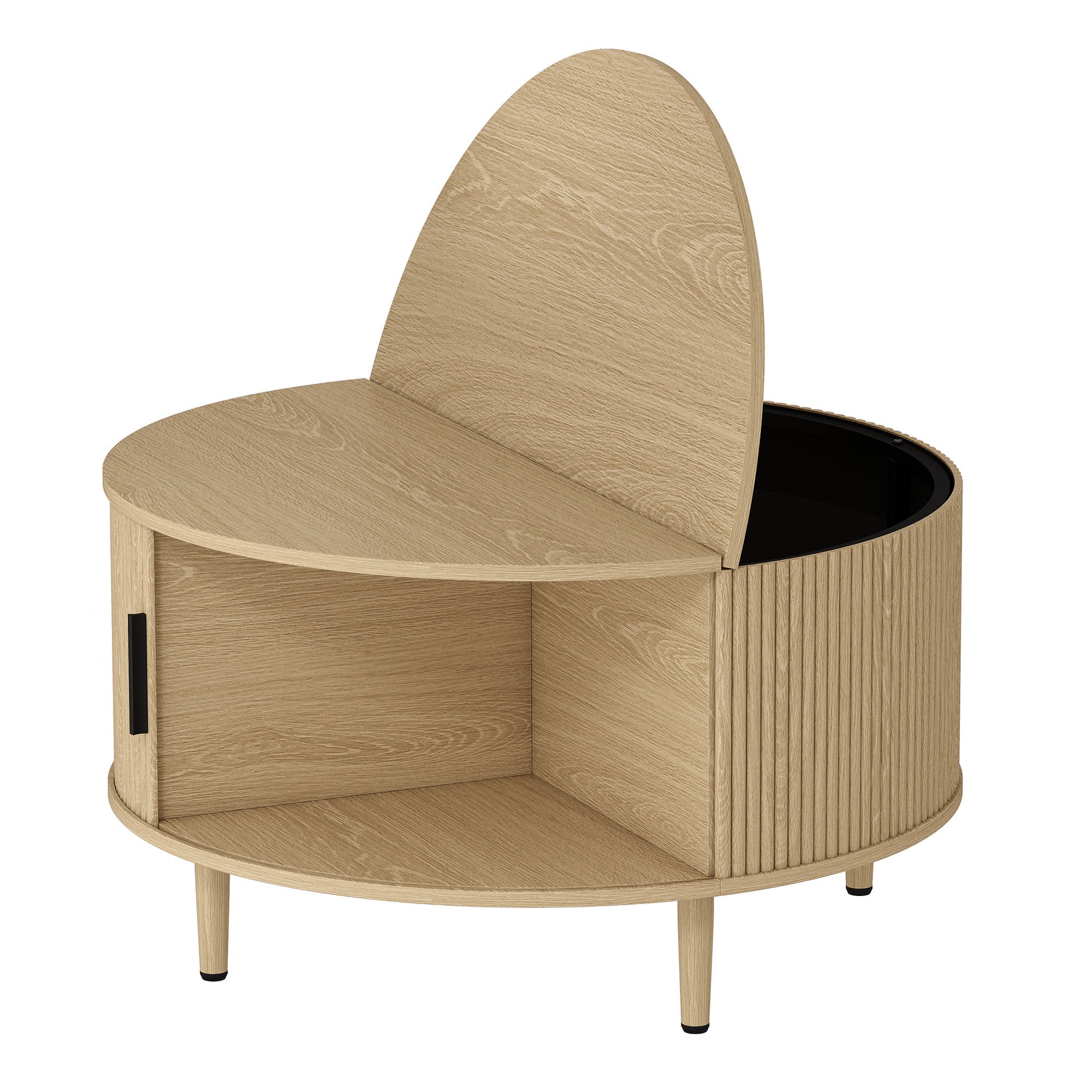 Coffee Table with Lift Top and Hidden Storage, Round Centre Table with Fluted Sliding Door, 80 cm, Natural Wood