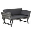 Mixed grey 2-in-1 rattan sofa daybed with drop-down armrests and grey cushions