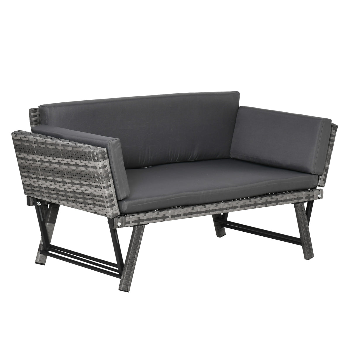 Mixed grey 2-in-1 rattan sofa daybed with drop-down armrests and grey cushions
