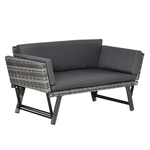 Mixed grey 2-in-1 rattan sofa daybed with drop-down armrests and grey cushions