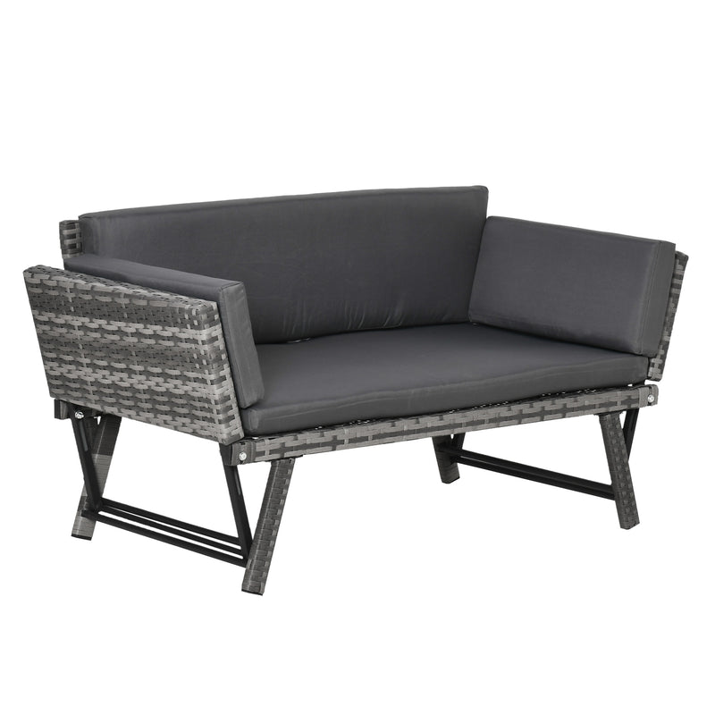 Mixed grey 2-in-1 rattan sofa daybed with drop-down armrests and grey cushions