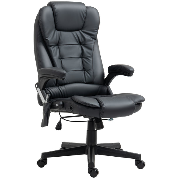 Black faux leather high-back executive chair with six massage points, padded armrests and swivel wheels