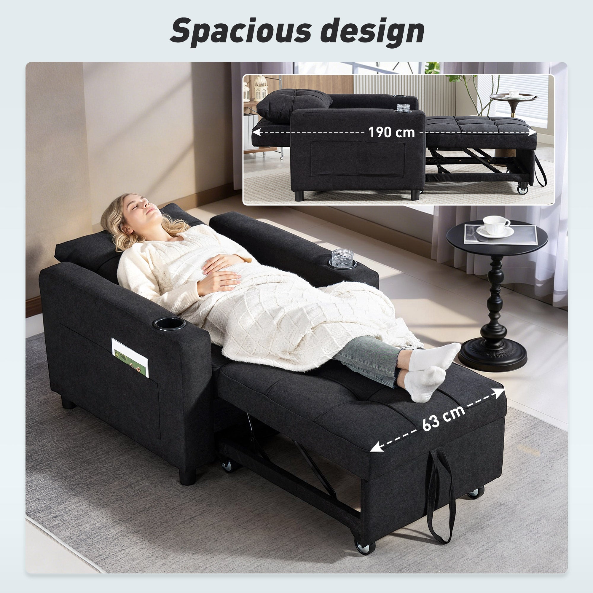 3-in-1 Single Sofa Bed, Convertible Sleeper Chair Bed - Black