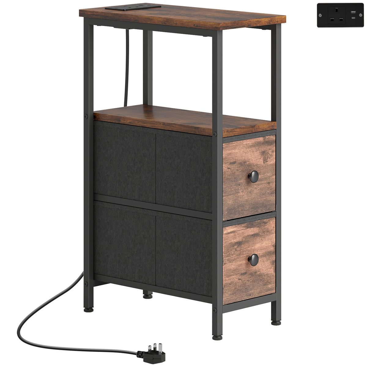 63 cm Narrow Charging Side Table with 2 Drawers – Rustic Brown