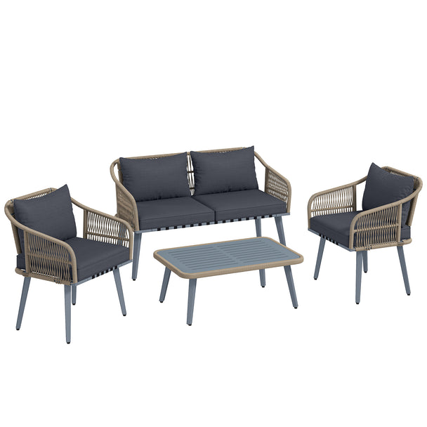 4-piece grey rattan sofa set with acacia wood legs and slatted coffee table