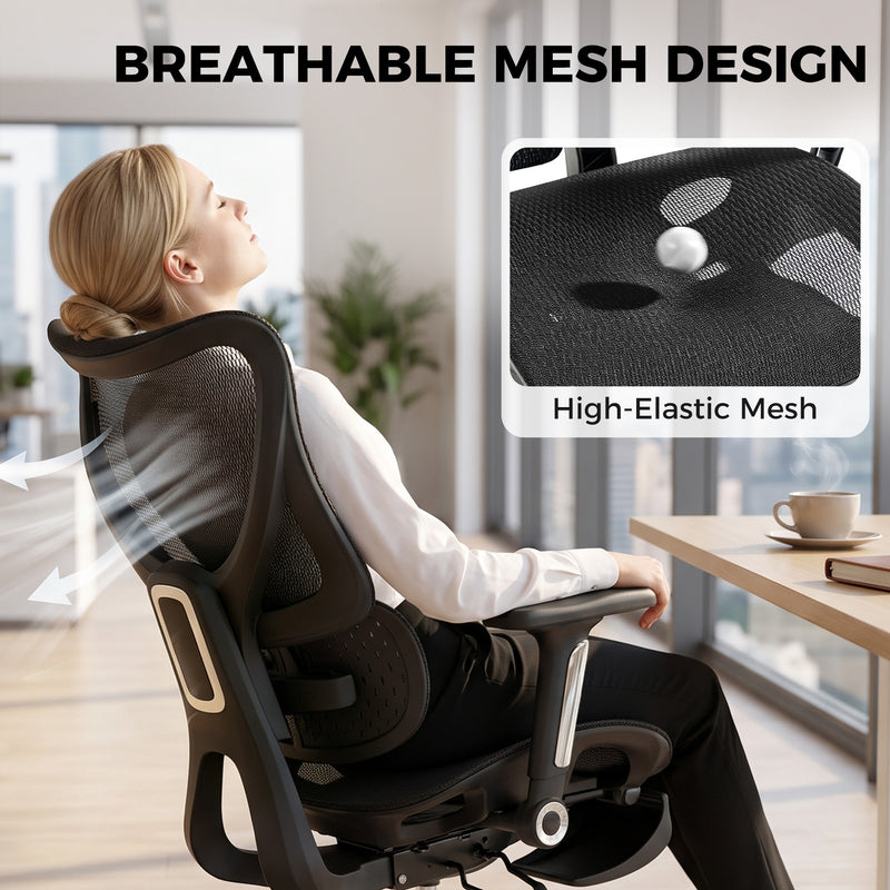 HOMCOM Ergonomic Office Chair with Lumbar Support, Mesh Reclining Desk Chair with Footrest, Adjustable High Back, Black – view 7