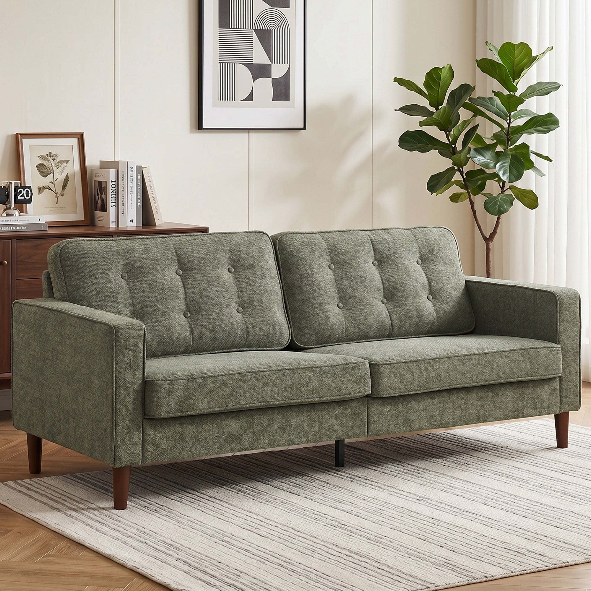 3 Seater Sofa Button Tufted Upholstered Couch with Wood Legs for Living Room, Green
