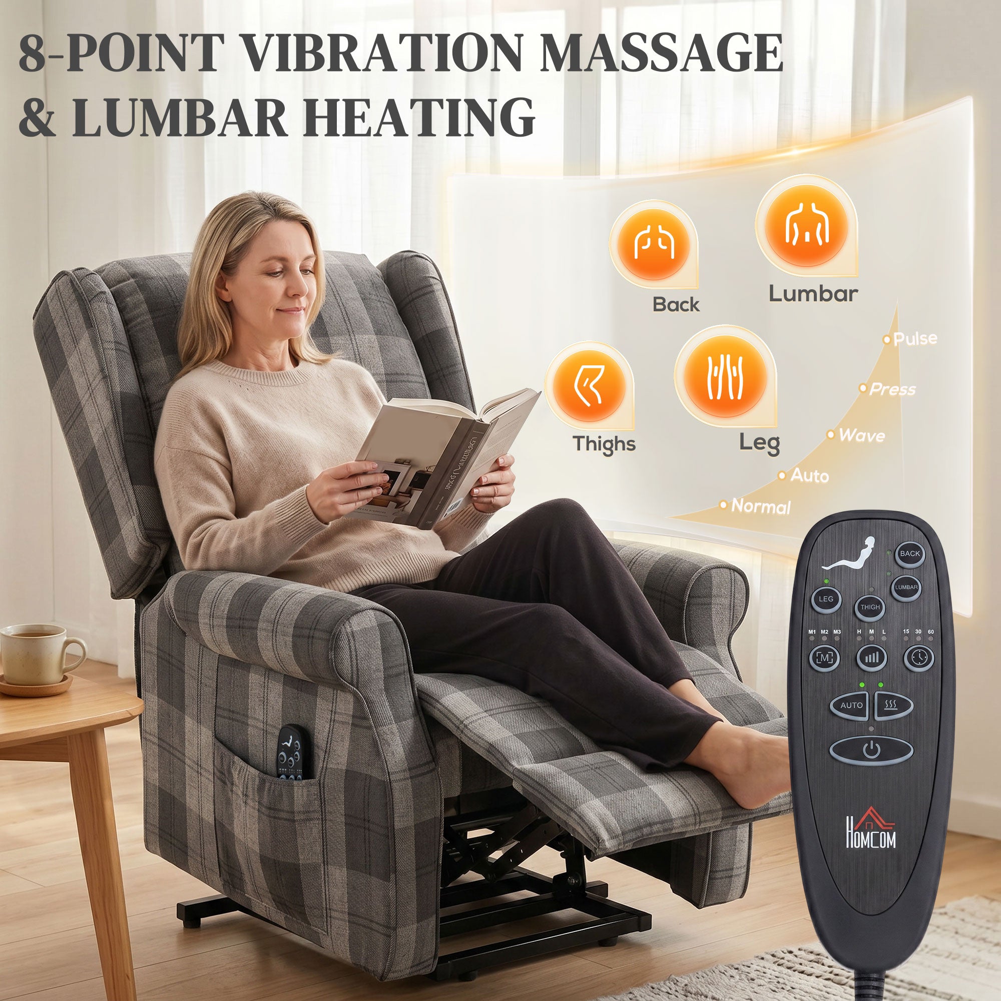 Power Lift Recliner Chair with Vibration Massage, Heat, Checked Lift Chair with Remote, Side Pockets, Grey