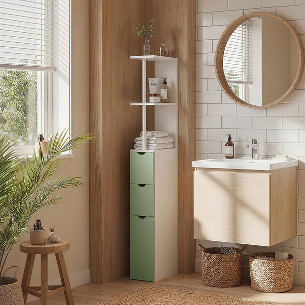 HOMCOM Slim Bathroom Storage Cabinet, Tall Bathroom Floor Cabinet with 2-Tier Shelf and 2 Drawers, White and Light Green – view 2