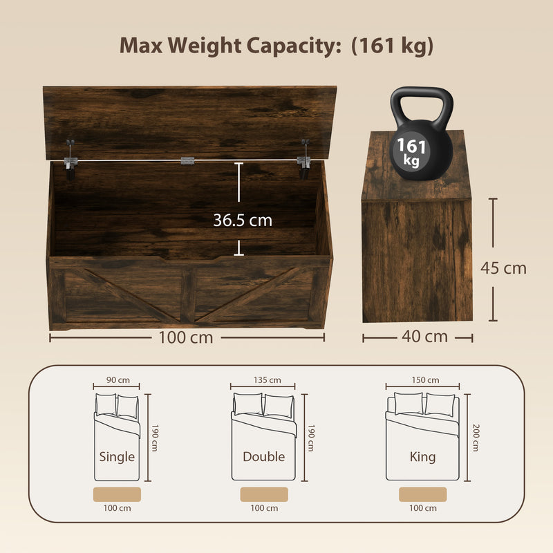 HOMCOM 127L Home Storage Box, with Safety Hinges - Rustic Brown Wood-Effect – view 3