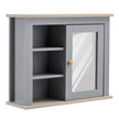 Grey wall-mounted mirror cabinet with three open side shelves and natural wood top