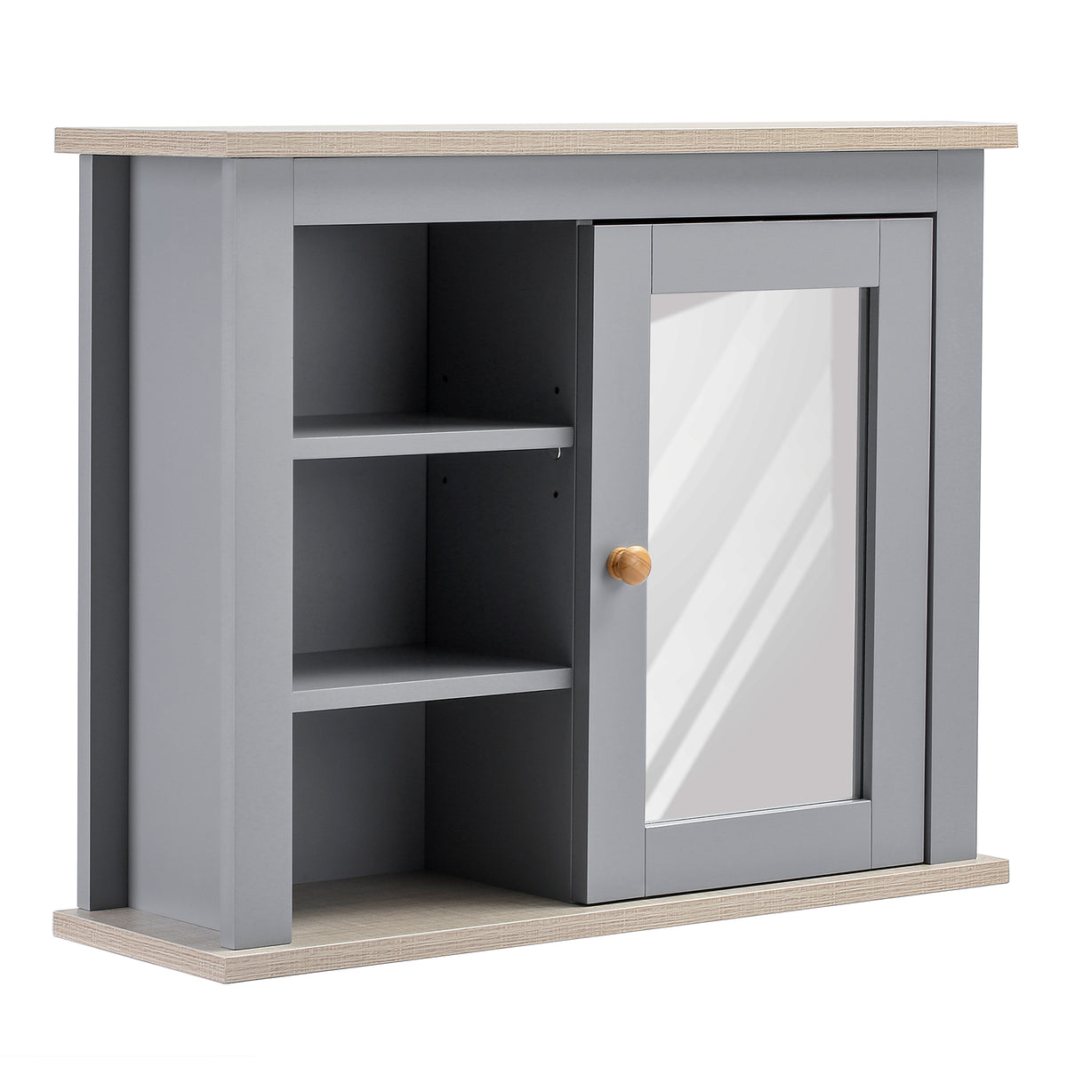 Grey wall-mounted mirror cabinet with three open side shelves and natural wood top