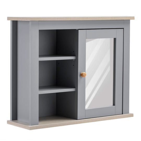 Grey wall-mounted mirror cabinet with three open side shelves and natural wood top
