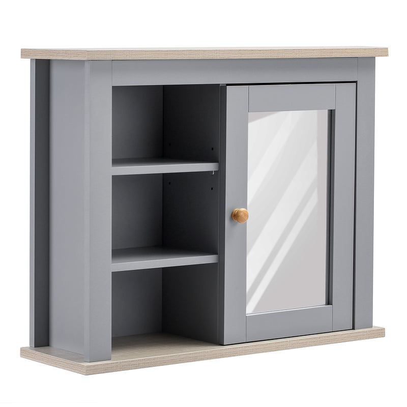 Grey wall-mounted mirror cabinet with three open side shelves and natural wood top