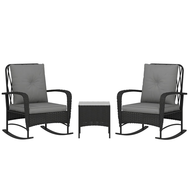 Black rattan bistro set with two rocking armchairs, grey cushions and glass-top table