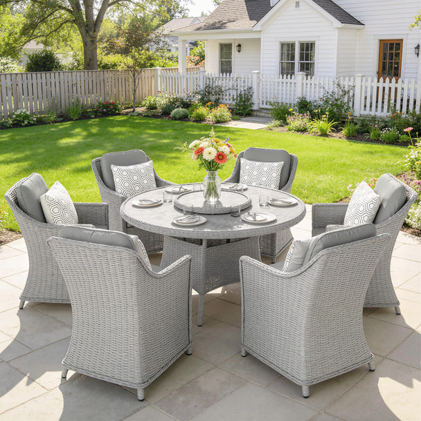 Outsunny Rattan Garden Dining Set with Turntable, Marble Effect Glass Round Garden Table and Chairs with Aluminium – view 2