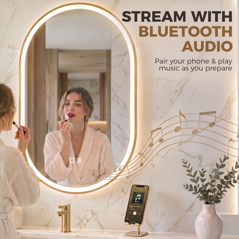 HOMCOM Bathroom Mirror with LED Lights, 100x70cm Oval Bathroom Mirror, Dimmable, Bluetooth, Anti-Fog, Gold Tone – view 4