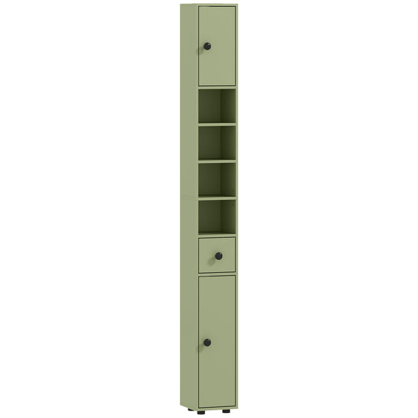 Tall slim green bathroom cabinet with two cupboards, drawer and open shelves
