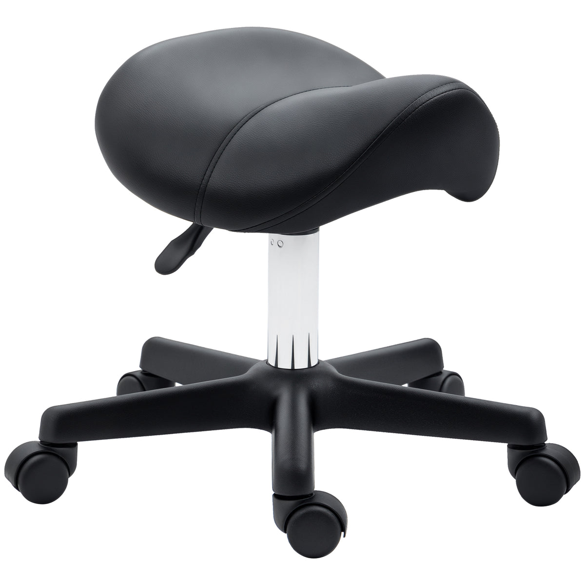 Black curved PU leather salon stool with thick padded seat and five wheels