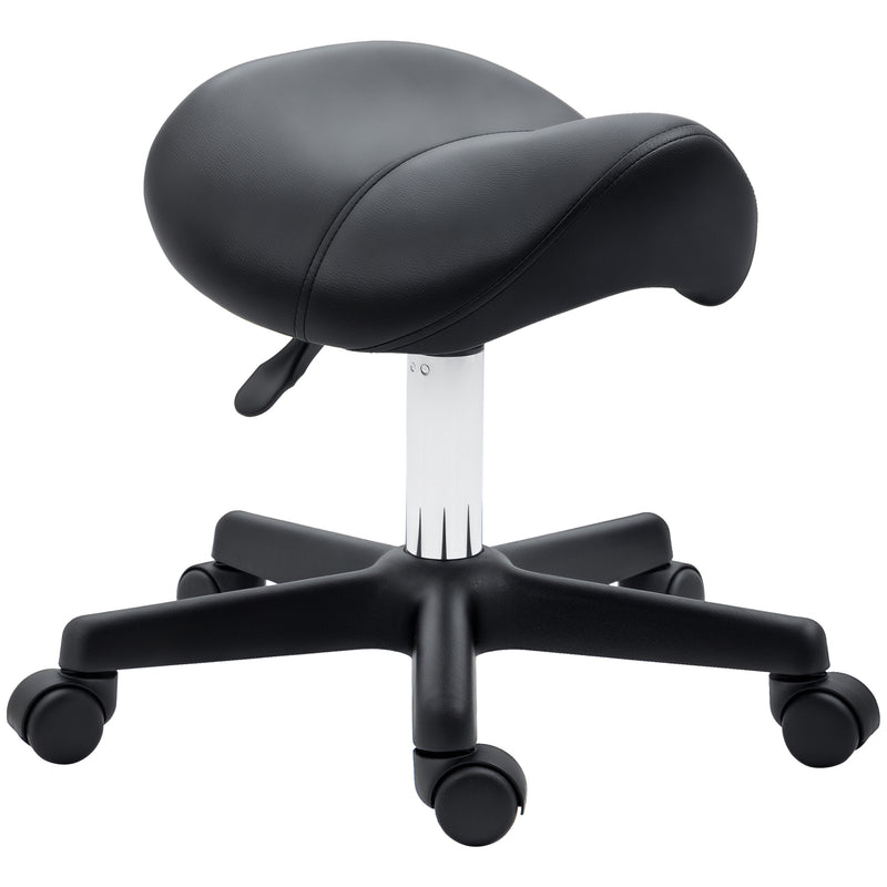 Black curved PU leather salon stool with thick padded seat and five wheels