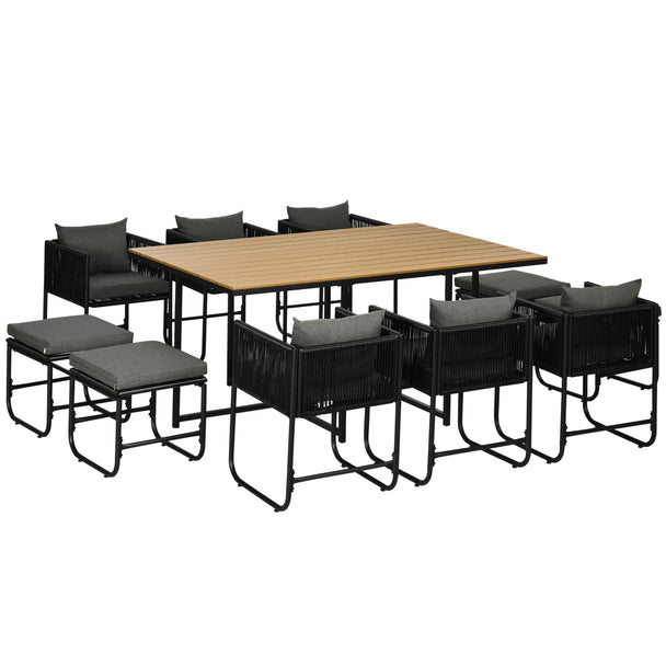 Black 10-seater rattan cube dining set with wood-grain table, six armchairs and four stools