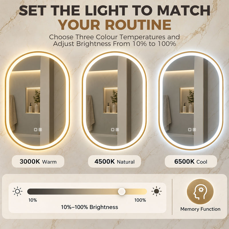 HOMCOM Bathroom Mirror with LED Lights, 100x70cm Oval Bathroom Mirror, Dimmable, Bluetooth, Anti-Fog, Gold Tone – view 5