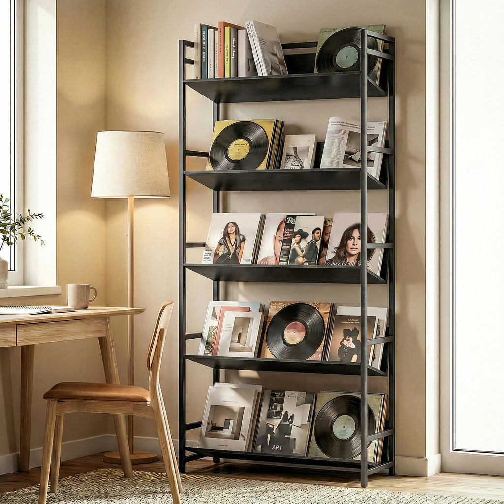 Bookshelf 5-Tier Metal Frame Bookcase Storage Shelves for Living Room Black