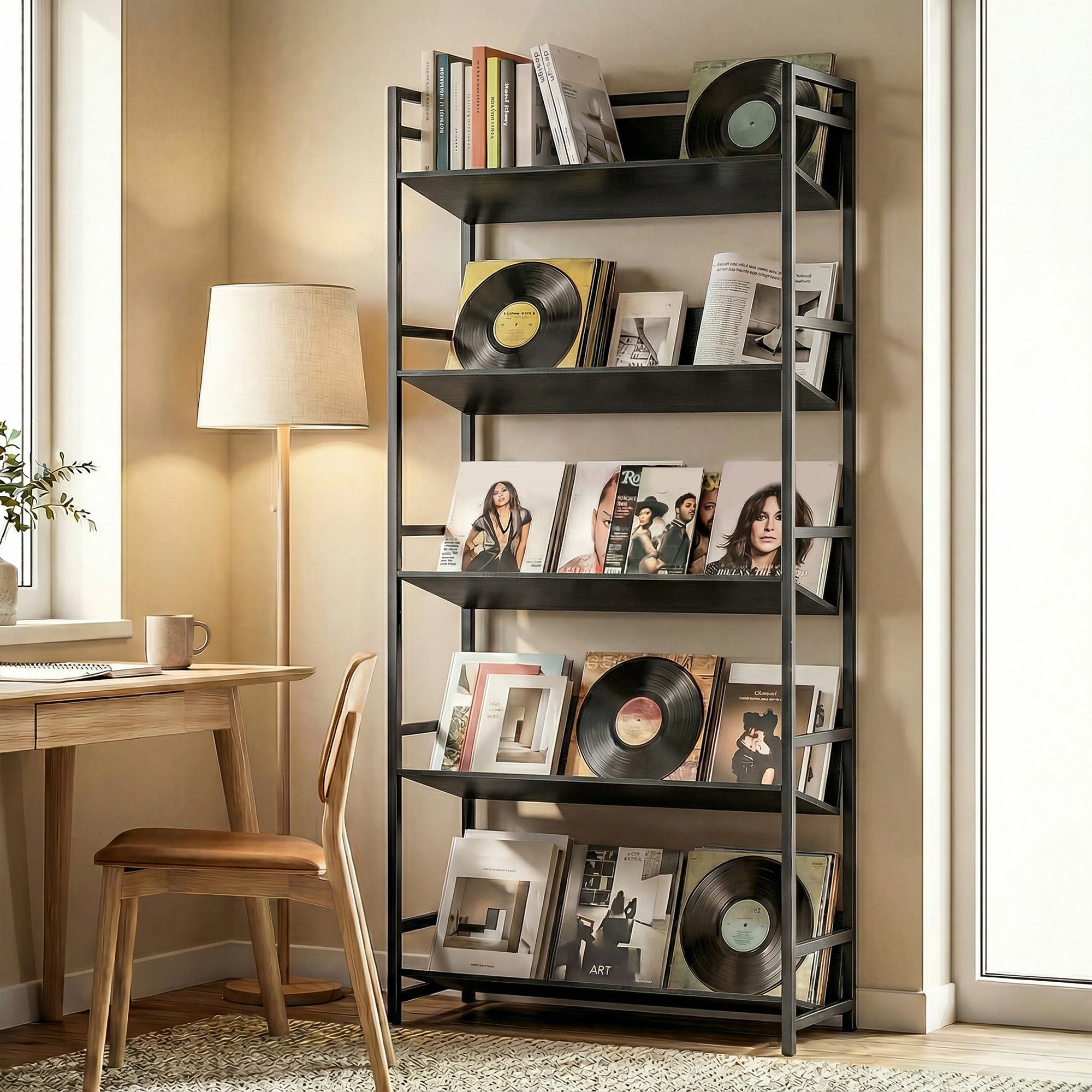 Bookshelf 5-Tier Metal Frame Bookcase Storage Shelves for Living Room Black