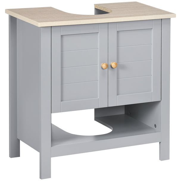 Grey pedestal under sink cabinet with cupboard, open shelf and raised wooden legs