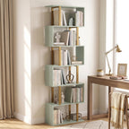 S-Shaped Bookshelf, 6-Tier Bookcase, Freestanding Storage Shelves with Anti-Tip Strap, Light Green